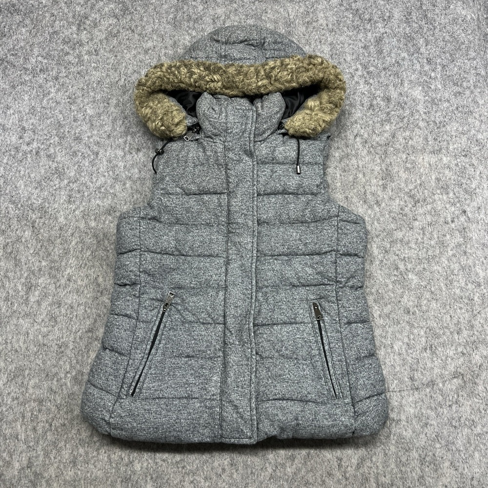 Banana Republic Vest Womens‎ Small Gray Hooded Faux Fur Sherpa Puffer Preppy